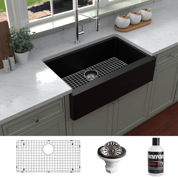 Karran QA-740 Quartz/Granite 34 in. Single Bowl Farmhouse/Apron Front Kitchen Sink in Black with Bottom Grid and Strainer