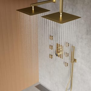 Thermostatic Valve 15-Spray 12 in. Ceiling Mount Dual Shower Head and Handheld Shower 2.5 GPM in Brushed Gold