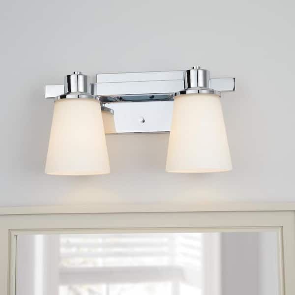 Home Decorators Collection 2-Light Chrome Bath Vanity Light with Bell Shaped Etched White Glass