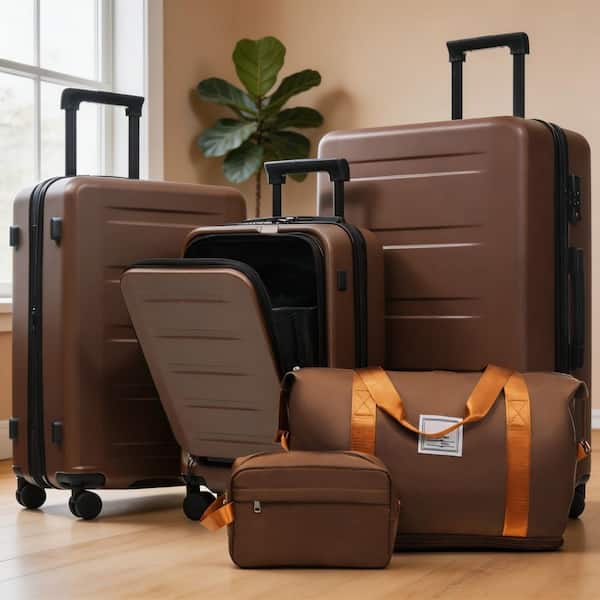LIVACA 5-Piece Brown ABS Plastic Hardside Expandable Luggage Set