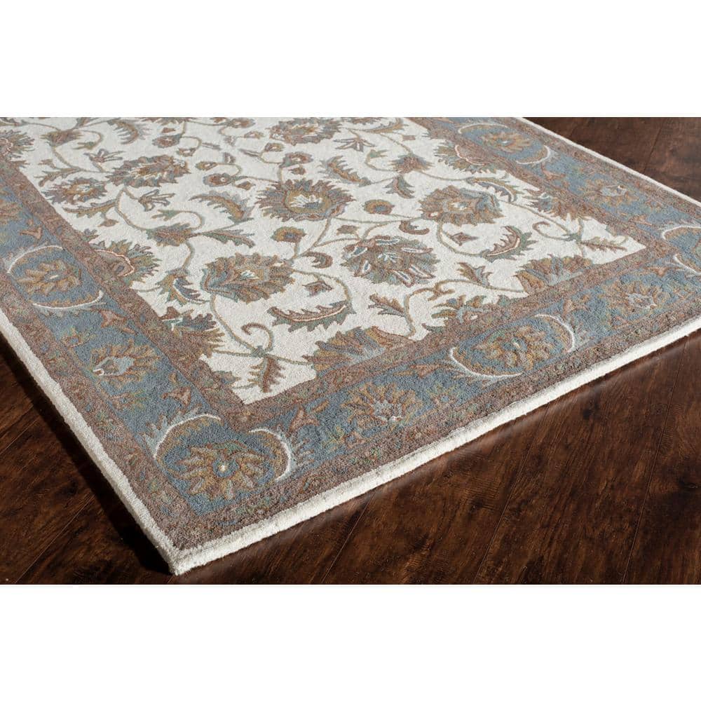 Ivory and Light Blue Handmade Wool Oriental Rug, 2' x 4'