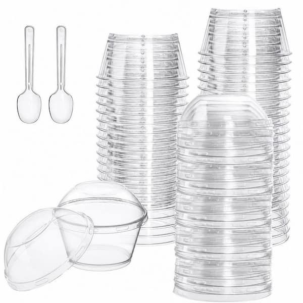 100-Pack 3.5 in. 5 oz. Disposable Thick Plastic Dessert Cups with Lids and Spoons, Clear Mini Reusable Serving Bowls