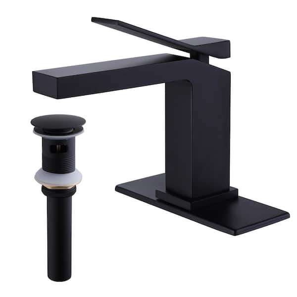 FLG Single Handle Single Hole Bathroom Faucet with Pop-up Drain and Deckplate Modern Brass Sink Vanity Taps in Matte Black
