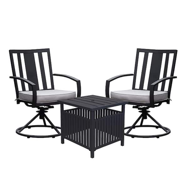 Anvil 3-Piece Metal Outdoor Bistro Set, Swivel Chairs Set of 2 with Side Table and Gray Cushions, Front Porch Furniture Set