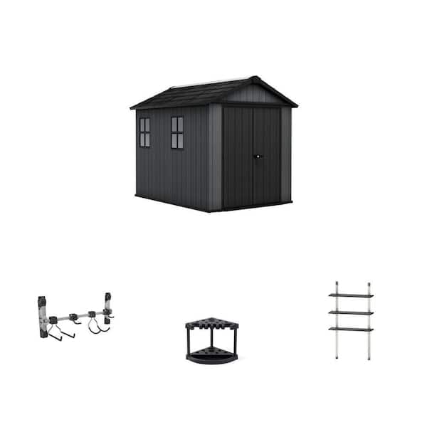 7.5 ft. x 9 ft. Resin Storage Shed, Shed Hook, 22 in. Tool Rack and 12 in. Adjustable Shelve Kit Combo