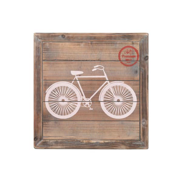 Benjara Brown Square Printed Bicycle and Plank Framed Wooden Wall Art (Set of 2)