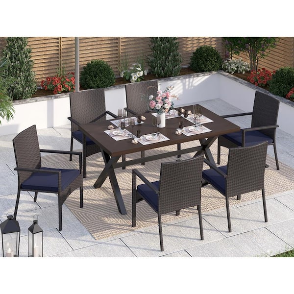 PHI VILLA Black 7-Piece Metal Patio Outdoor Dining Set with Wood-Look Rectangle Table and Rattan Chair with Blue Cushion