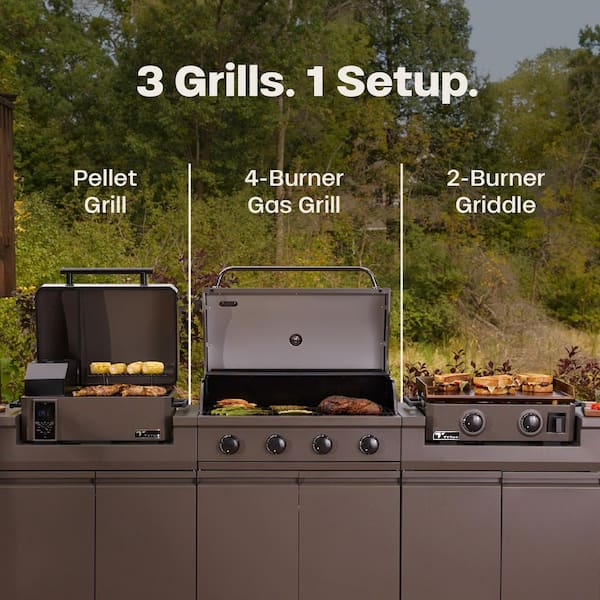 Modular 4-Burner Gas Grill, Pellet Smoker with Cart and 2-Burner Gas Griddle with Cart in Gray