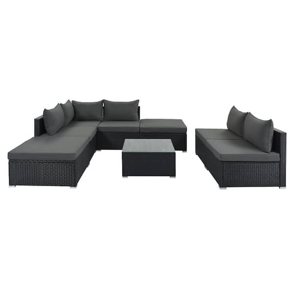 Utopia 4niture Ranzea 8-Piece Black Wicker Outdoor Sectional Set with Gray Cushions and Glass Table Top