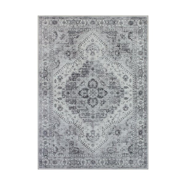 CREATIVE HOME IDEAS Imagine Chenille Geraldine Light Grey 5 ft. x 7 ft. Medallion Polyester Area Rug