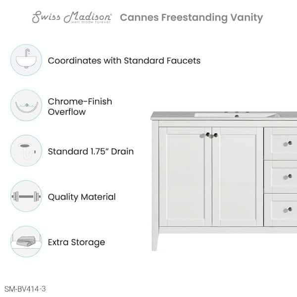Cannes 48 in. White Bathroom Vanity with White, 3-Hole Ceramic Sink Top