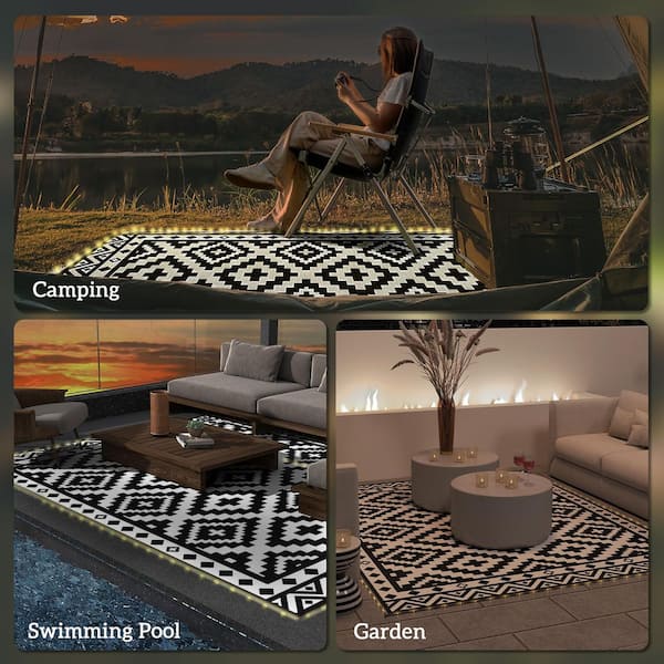 Black and White 12 ft. x 9 ft. Bohemian Reversible Waterproof Polypropylene Rectangle Outdoor Area Rug