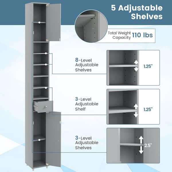 Gymax 8 in. W x 8 in. D x 71 in. H Gray Linen Cabinet Tall Slim Bathroom Storage Cabinet w Drawer Adjustable Shelves GYM12968 The Home Depot