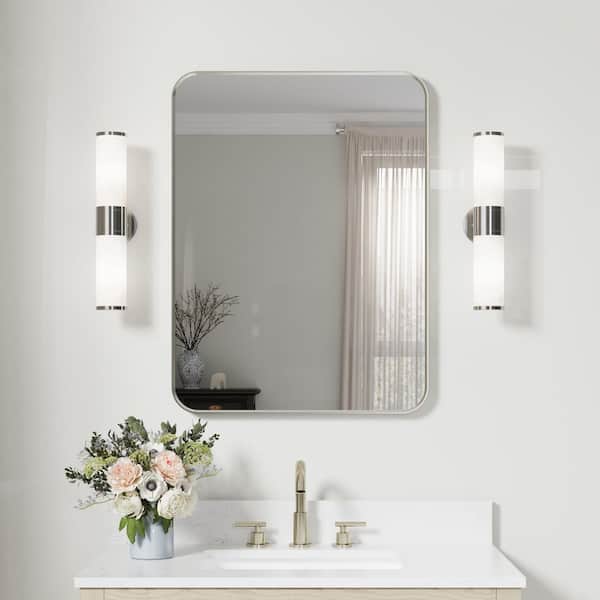 ANGELES HOME 24 in. W x 32 in. H Rectangular Aluminum Framed Wall Bathroom Vanity Mirror in Brushed Nickel