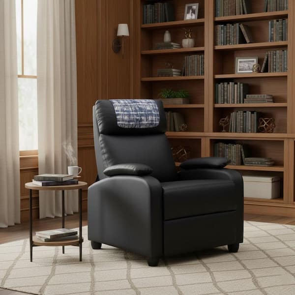 QYWDYC 34 in. Rolled Arm Faux Leather Rectangle Sofa with Reclining & Cup Holder & Adjustable Footrest in Classic Black