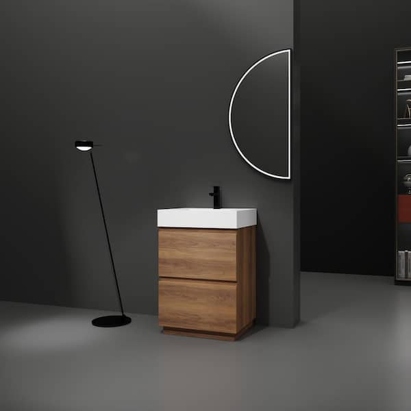 EAKYHOM 24 in. W x 18 in. D x 36 in. H Single Sink Freestanding Bath Vanity in Brown with White Ceramic Top and Double Drawer