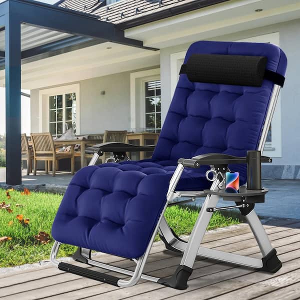 BOZTIY Detachable Short Pile Pad Teslin Chair Folding Portable Recliner Patio Lounger, Cup Holder, Headrest Zero Gravity