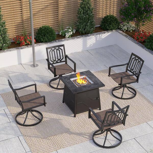 PHI VILLA Black 5-Piece Metal TerrFab Top Patio Fire Pit Set with 4 Swivel Dining Chair