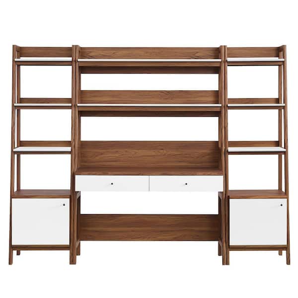 Bixby 90 In W Rectangular in Walnut White 3-Piece Home Office Desk and Bookshelf Display Case