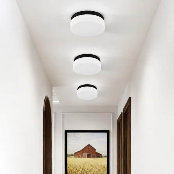 GMGSROM 11.4 in. LED Black Flush Mount With Cloudy Glass Shade