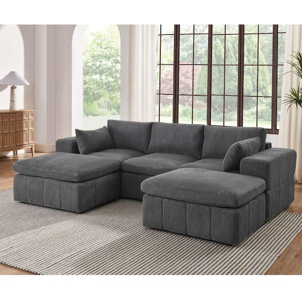 Patricia 106 in. Large Square Arms 5-Piece Corduroy Modular Sectional Sofa in. Dark Gray with Ottomans, 2 Pillows