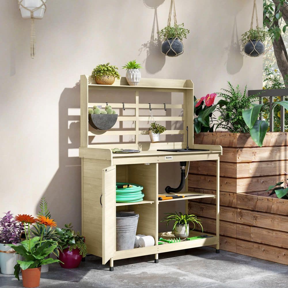 Natural Wooden Potting Bench with Storage and Sink