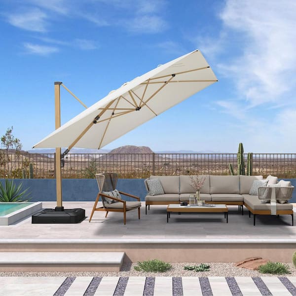 PURPLE LEAF 10 ft. Square Outdoor Patio Cantilever Umbrella Teak Finished Offset 360° Rotation Umbrella in Cream