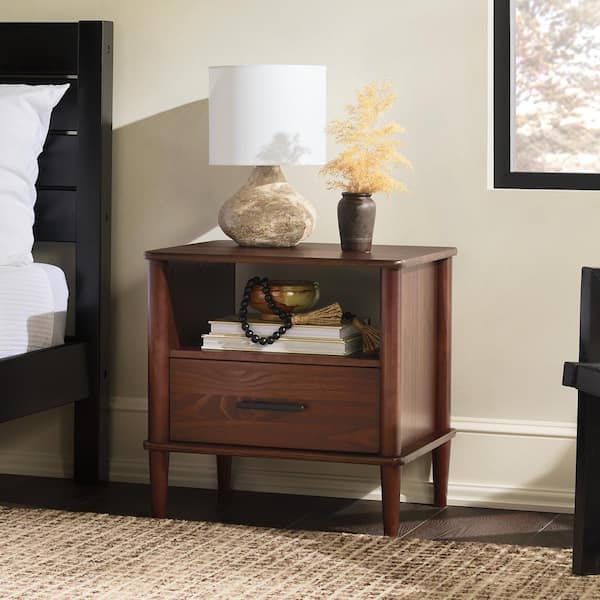 Walker Edison Furniture Company 1-Drawer Walnut Solid Wood Transitional Storage Nightstand with Tapered Legs