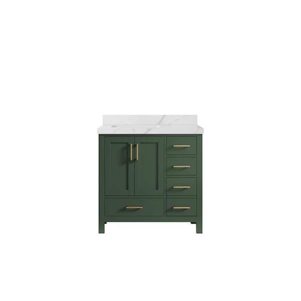 Malibu 36 in. W x 22 in. D x 36 in. H Left Offset Sink Bath Vanity in Lafayette Green with 2 in. Calacatta Quartz Top