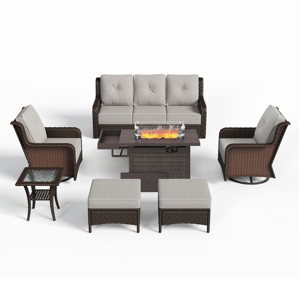 7-Piece Wicker Patio Conversation Seating Set with 52 Inch Fire Pit Table, Ottomans and Grey Cushions price history on PriceWatchPro