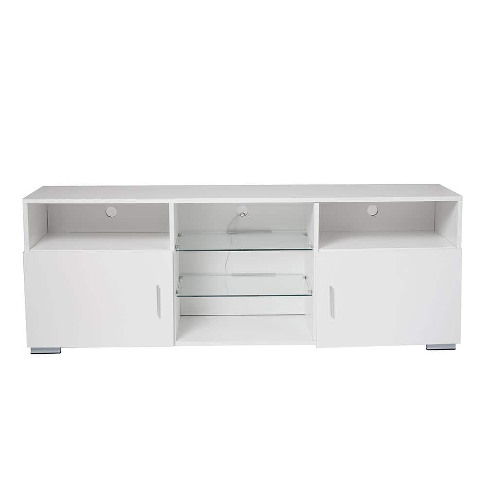 WOODYHOME 57.1 in. White TV Stand with 2 Storage Drawers and 5 Open Layers Fits TV's up to 65 in. with RGB LED Light