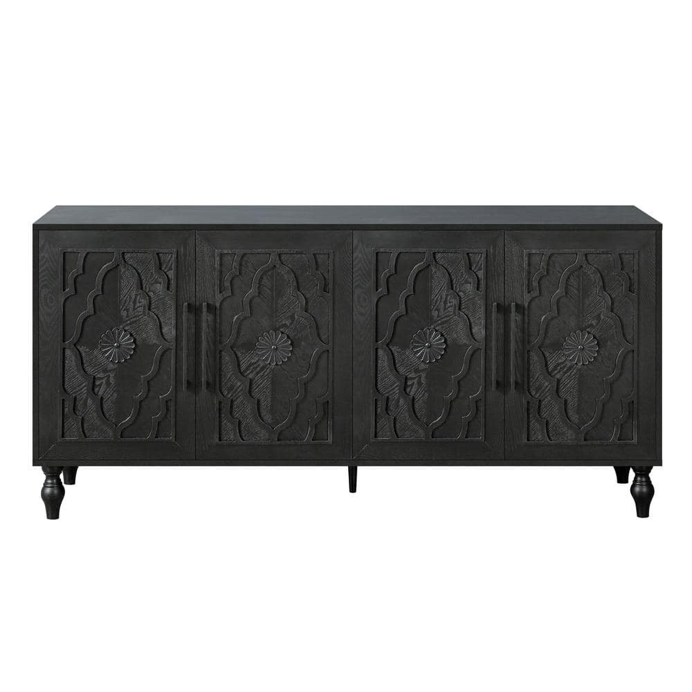 Black 63" MDF Sideboard with Carved Flower Doors and Metal Handles