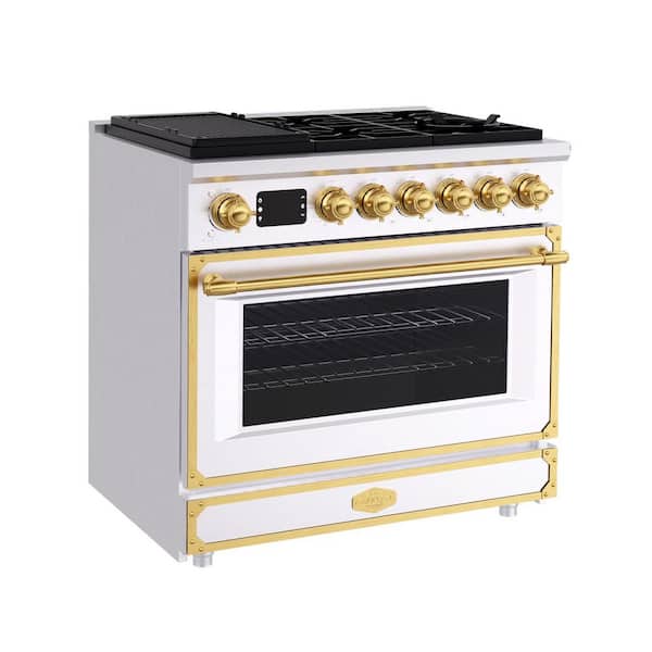 36 in. Freestanding Gas Range with 6 Sealed Burners and 5.2 cu. ft. Convection Oven, in White with Gold