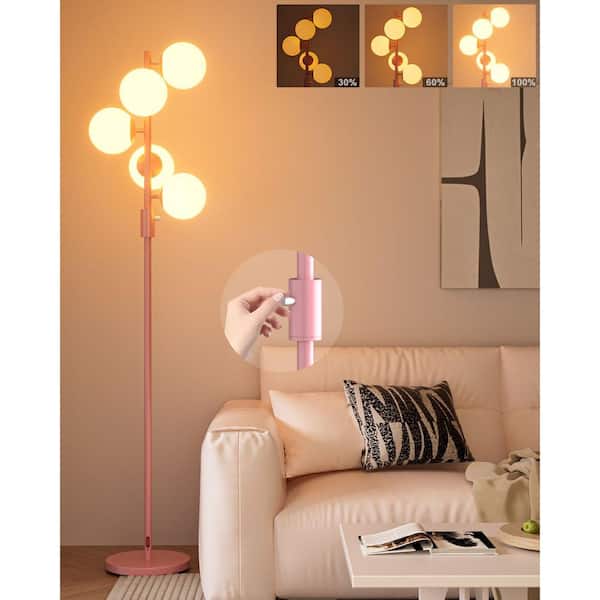 64 in. Pink Globe 4-Lights Smart Dimmable Standard Floor Lamp For Living Room with Frosted PC Spherical Shade