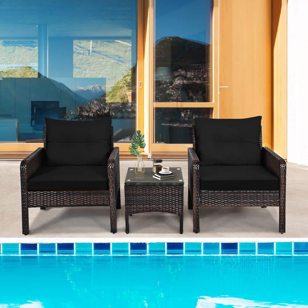Black 3-Piece Rattan Outdoor Patio Conversation Set