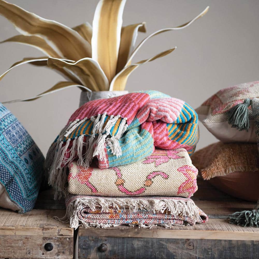 Multicolor Striped Recycled Cotton Blend Throw with Fringe