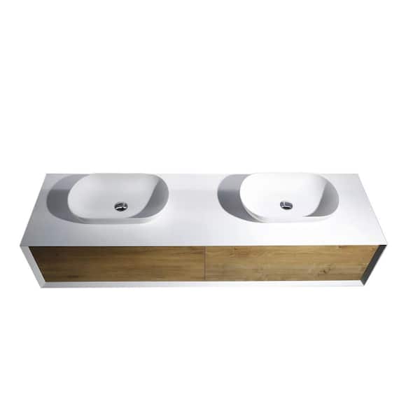 ANGELES HOME 72 in. W Wall Mount Bath Vanity in White and Oak with Matte White Double Sinks