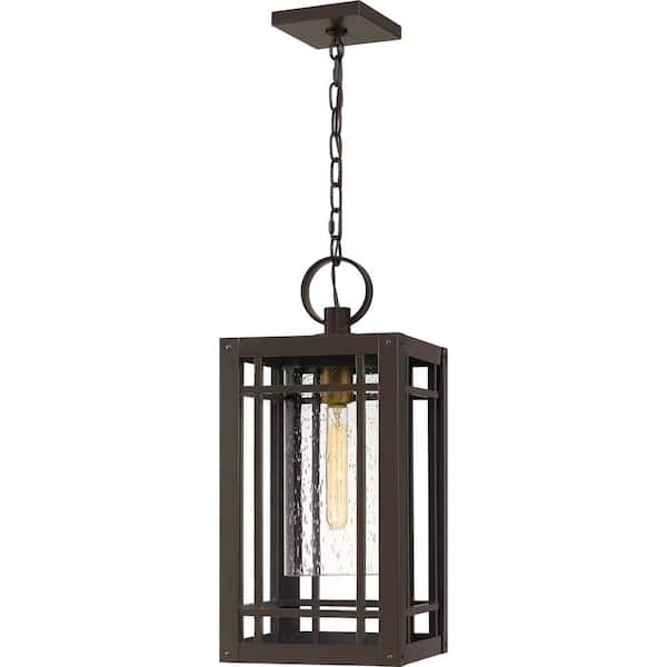 Quoizel Pelham 9.5 in. 1-Light Western Bronze Outdoor Pendant-Light with Clear Seeded Glass