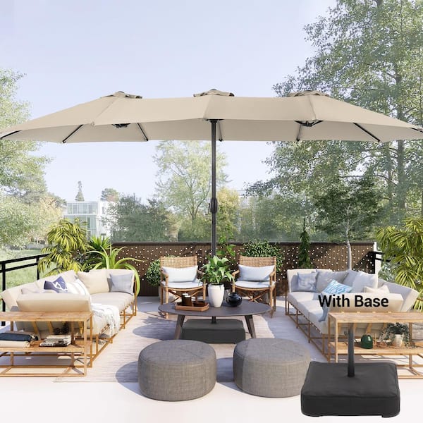 Sonkuki 15 ft. x 9 ft.Outdoor Double-Sided Umbrella Patio Market Umbrella with Crank and Base in Sand