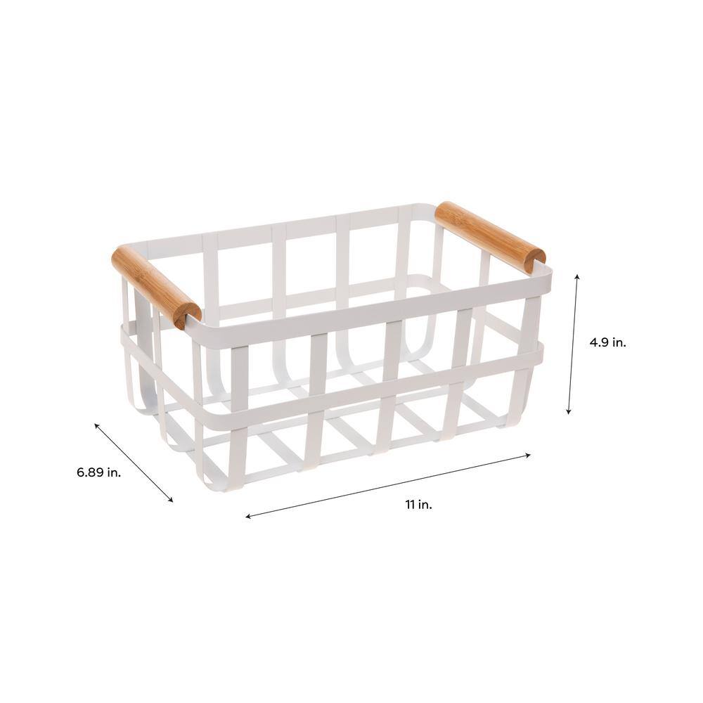 Large White Metal Storage Basket with Bamboo Handles