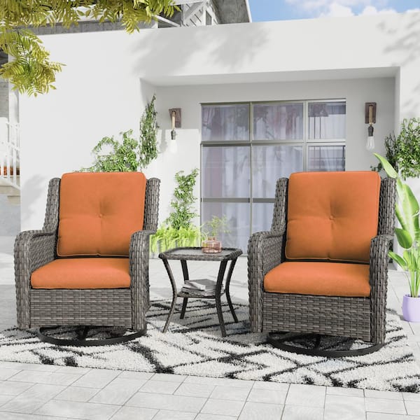 JOYSIDE 3-Piece Wicker Patio Conversation Set with Orange Cushions All-Weather Swivel Rocking Chairs