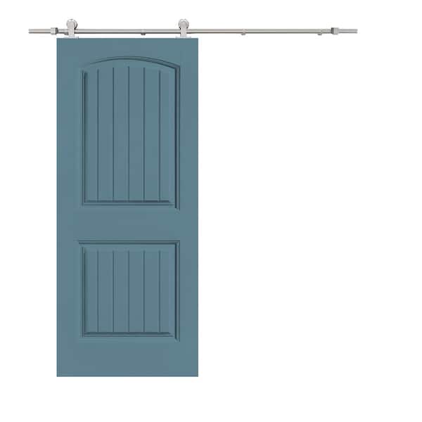 CALHOME Elegant Series 30 in. x 80 in. Dignity Blue Stained Composite MDF 2 Panel Camber Top Sliding Barn Door with Hardware Kit