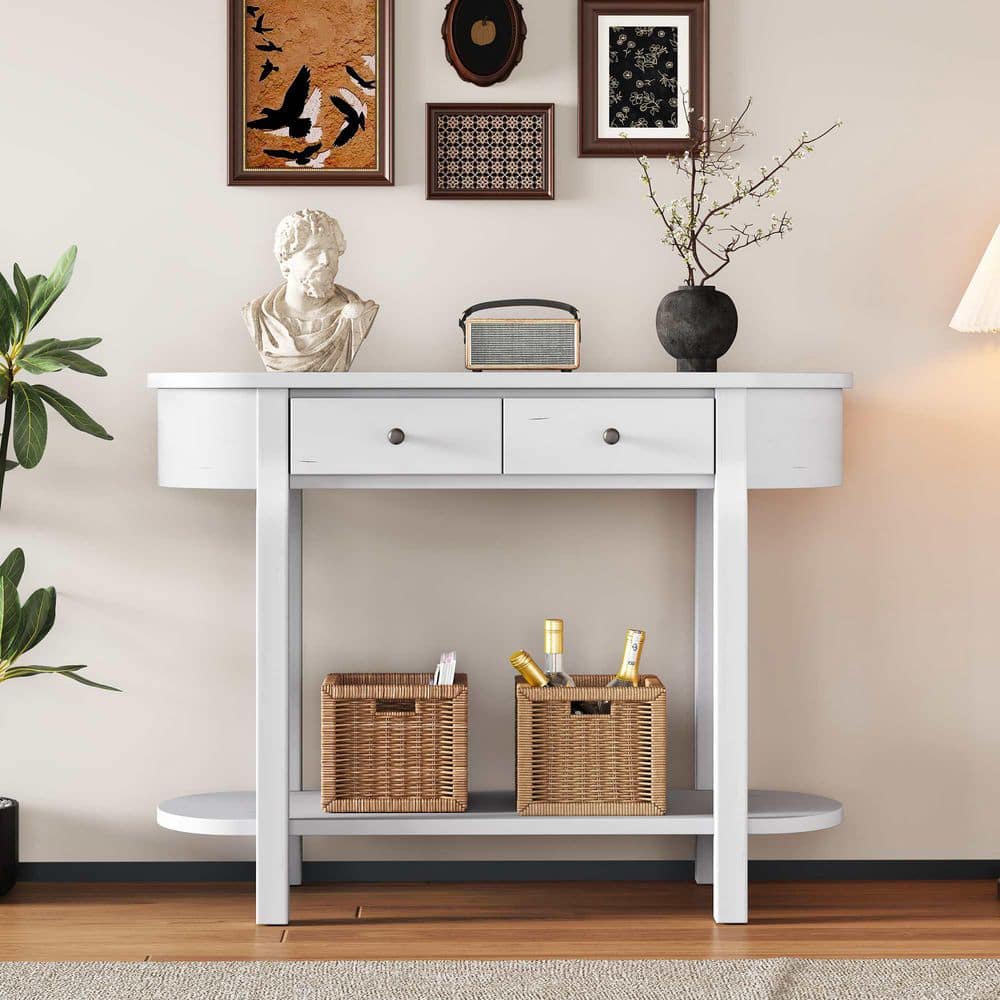 40 in. Antique White Oval Wood Console Table Entryway Table