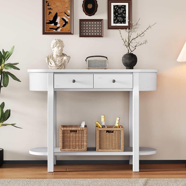 Polibi 40 in. Antique White Oval Wood Console Table Entryway Table