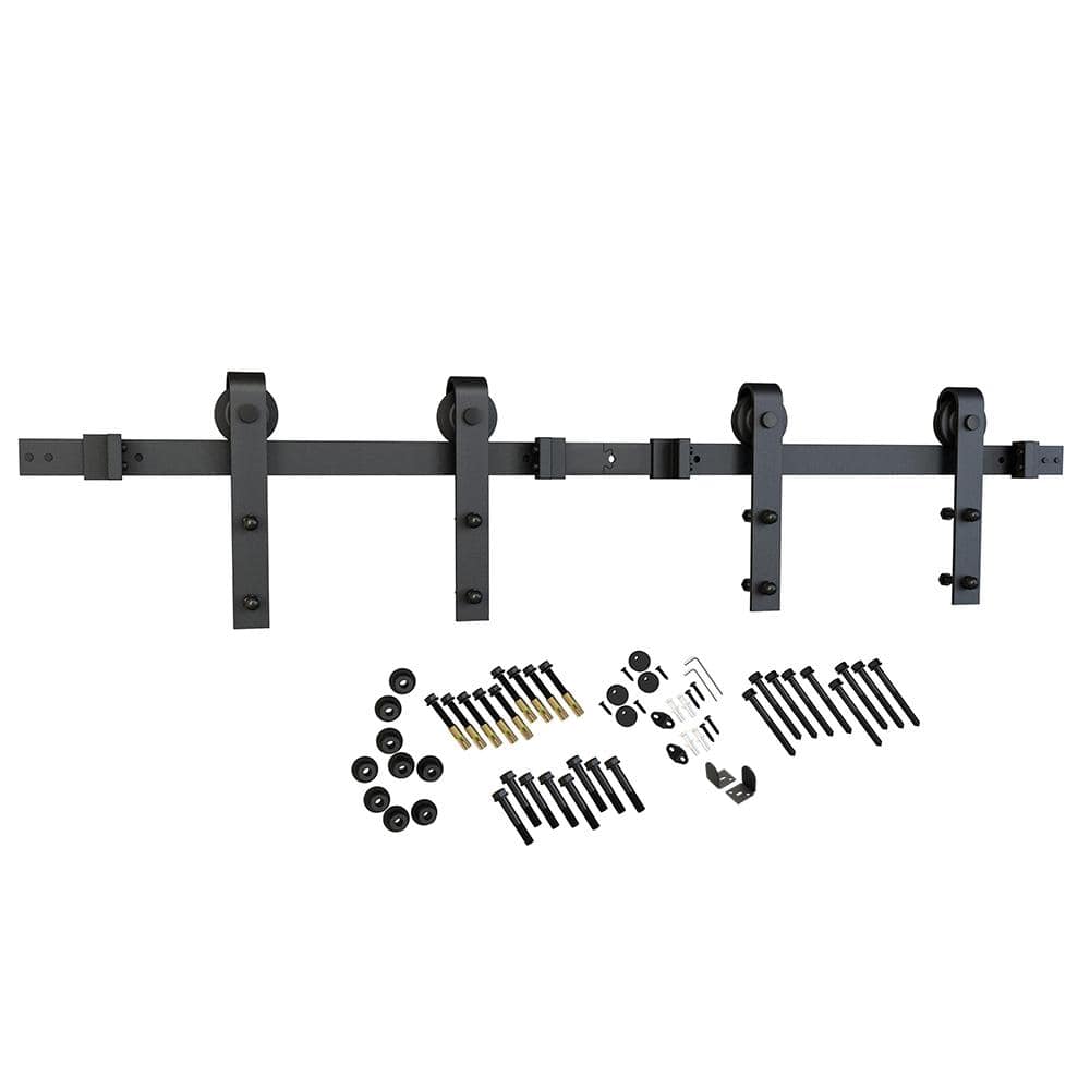 137.75 in. Black Solid Steel Barn Door Hardware Kit for Double Wood Doors with Adjustable Floor Guides (2-Piece Rails) 137.75 in. Black Solid Steel Barn Door Hardware Kit for Double Wood Doors with Adjustable Floor Guides (2-Piece Rails)