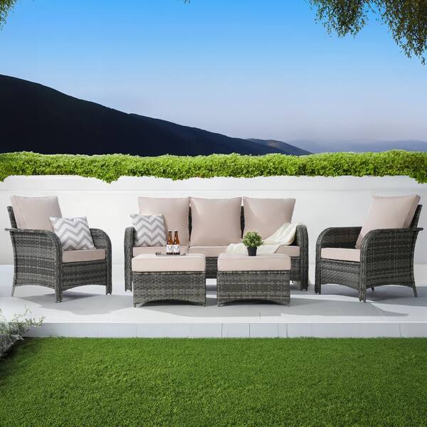 BFB 5-Piece Wicker Patio Furniture Set, High Back Conversation Sectional Sofa with Ottomans