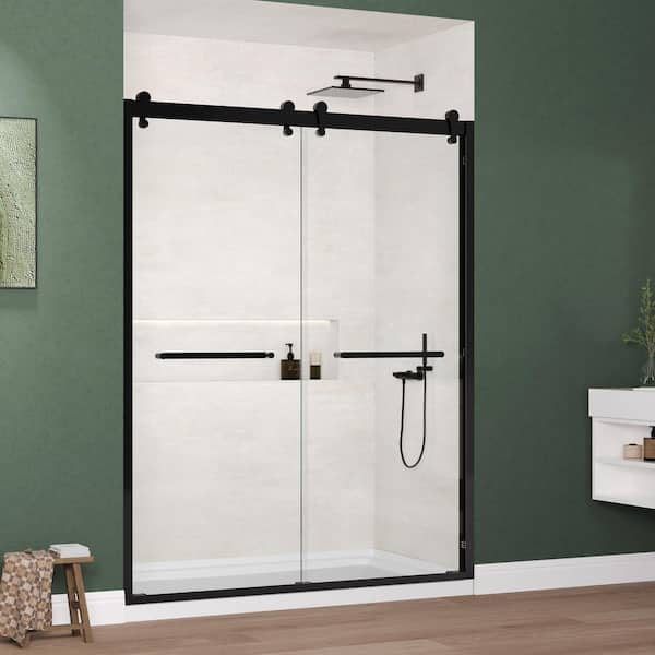 60 in. W x 76 in. H Framed Exposed Roller Double Sliding Shower Door in Matte Black with 5/16 in. (8mm) Clear Glass
