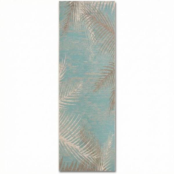 Monaco Tropical Palms Aqua Blue 2 ft. x 8 ft Coastal Flatwoven Floral Polypropylene Runner Indoor/Outdoor Area Rug