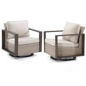 2-Piece Patio Wicker Outdoor Rocking Chair with Metal Frame and Beige Cushions