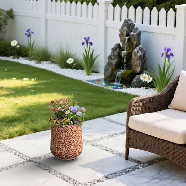 13 in.W x 13.5 in.H Round Concrete Flower Planter w/ Teal Floral Patterns Medium Plant Pot w/ Drainage Holes Included